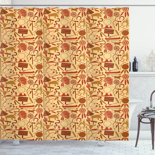 Western Folklore Inspired Bison and Snake Hat Shower Curtain in Pale Orange, Redwood, and Brown Color Palette