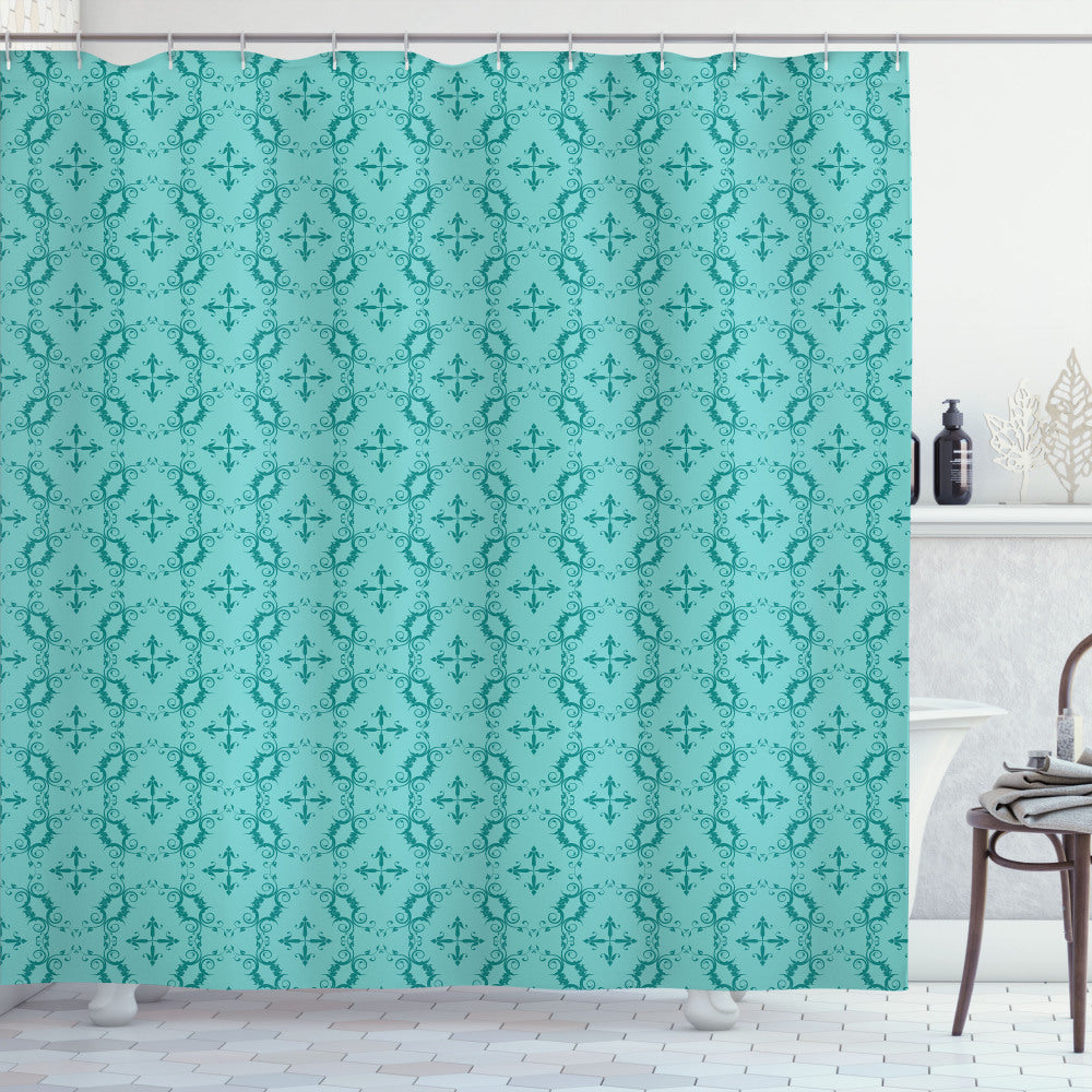 Baroque Curly Ornament Teal & Turquoise Shower Curtain: Elevate Your Bath Decor