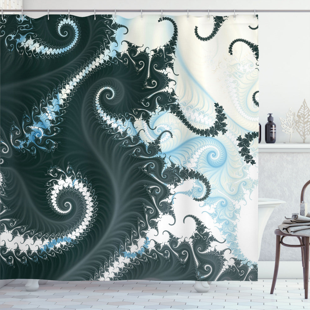 Astral Fractal Motif with Swirling Ivory, Dark Reseda Green, and Pale Sky Blue - Shower Curtain