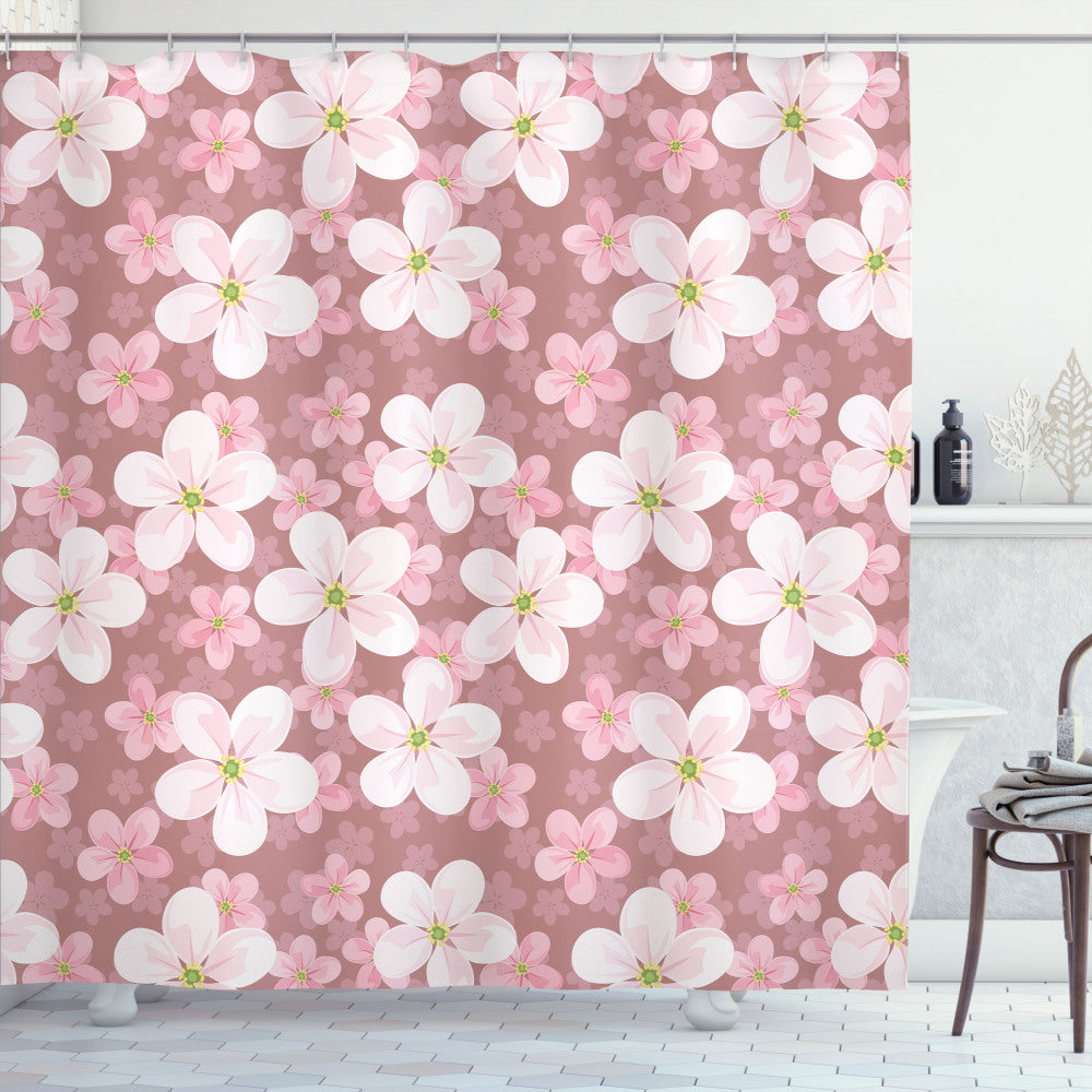 Cherry Blossoms Petal Infused Floral Design Bath Curtain - Featuring Flower, Dried Rose, White, and Green Elements