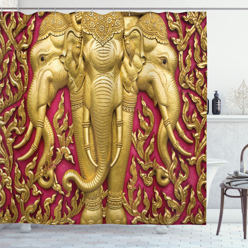 Thai Art Inspired Shower Curtain featuring Elephant, Fuchsia and Mustard Design