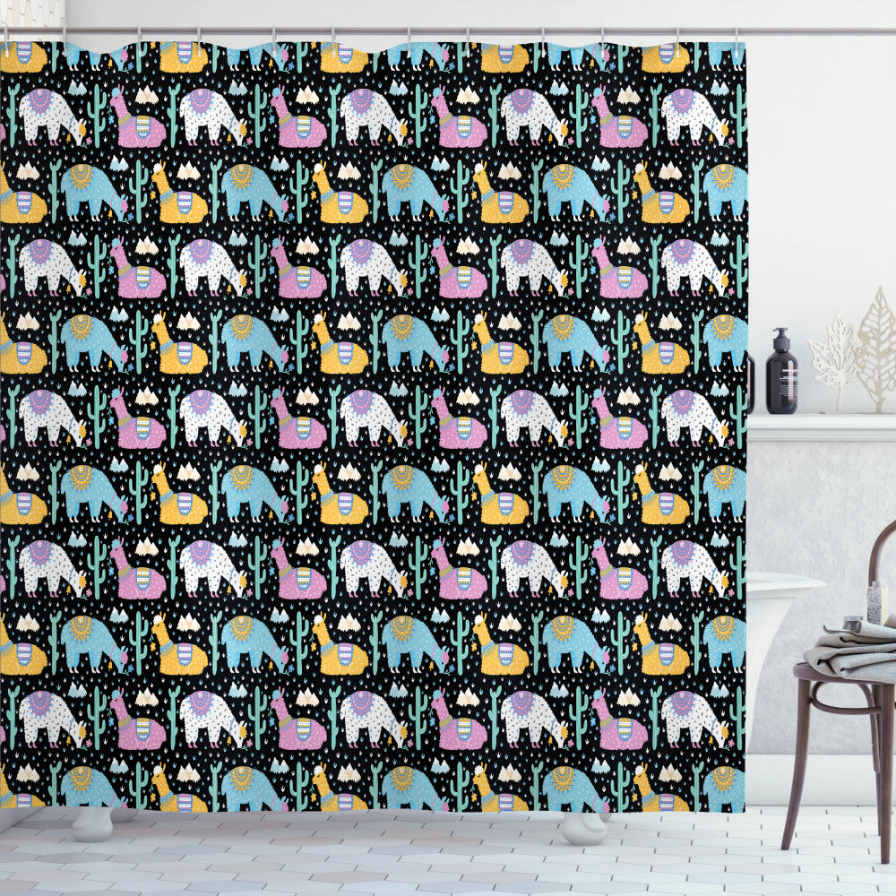 Alpaca-themed Multicolor Cactus Bath Curtain in Charcoal Grey