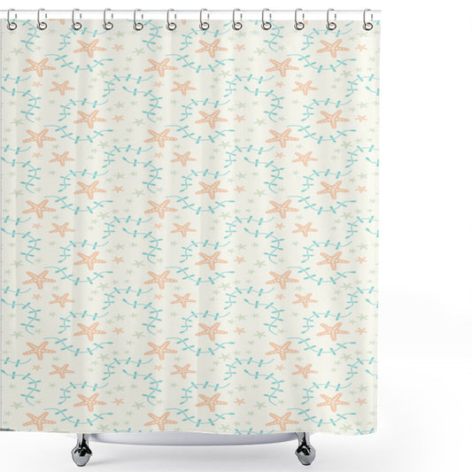 Vibrant Marine-themed Shower Curtain featuring Starfish, Salmon, Beige, and Blue Colors