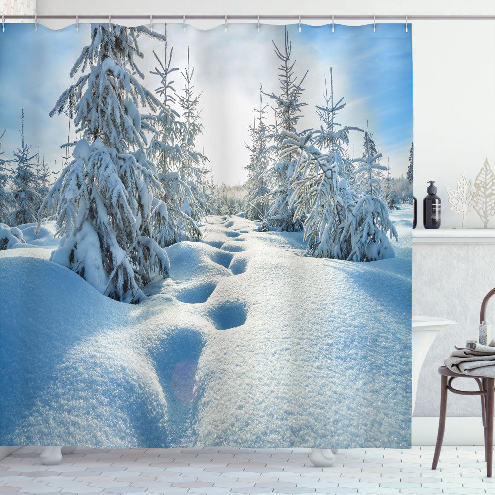 Winter Magic: White and Blue Sky Tree Footprints Shower Curtain