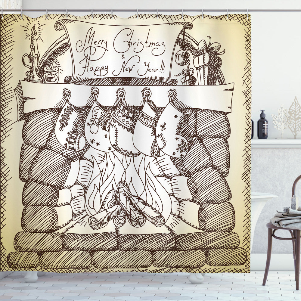 Christmas Sketch Stocking Fireplace Design Beige and Dark Taupe Shower Curtain