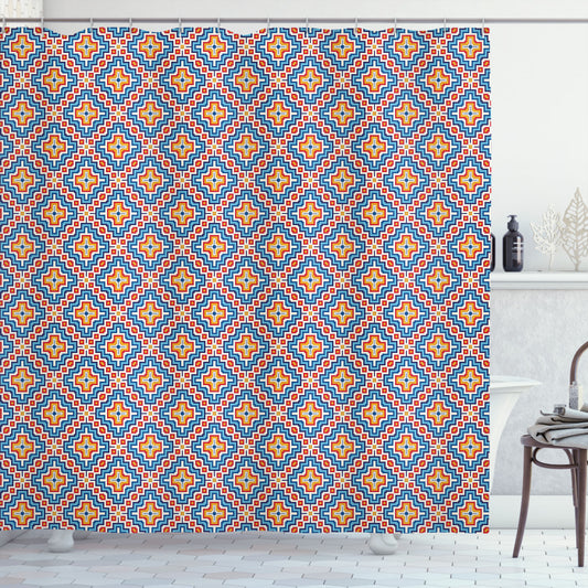 Aztec-Inspired Bath Curtain in Sky Blue, Apricot, and Red: A Classic Medieval Motif Reimagined