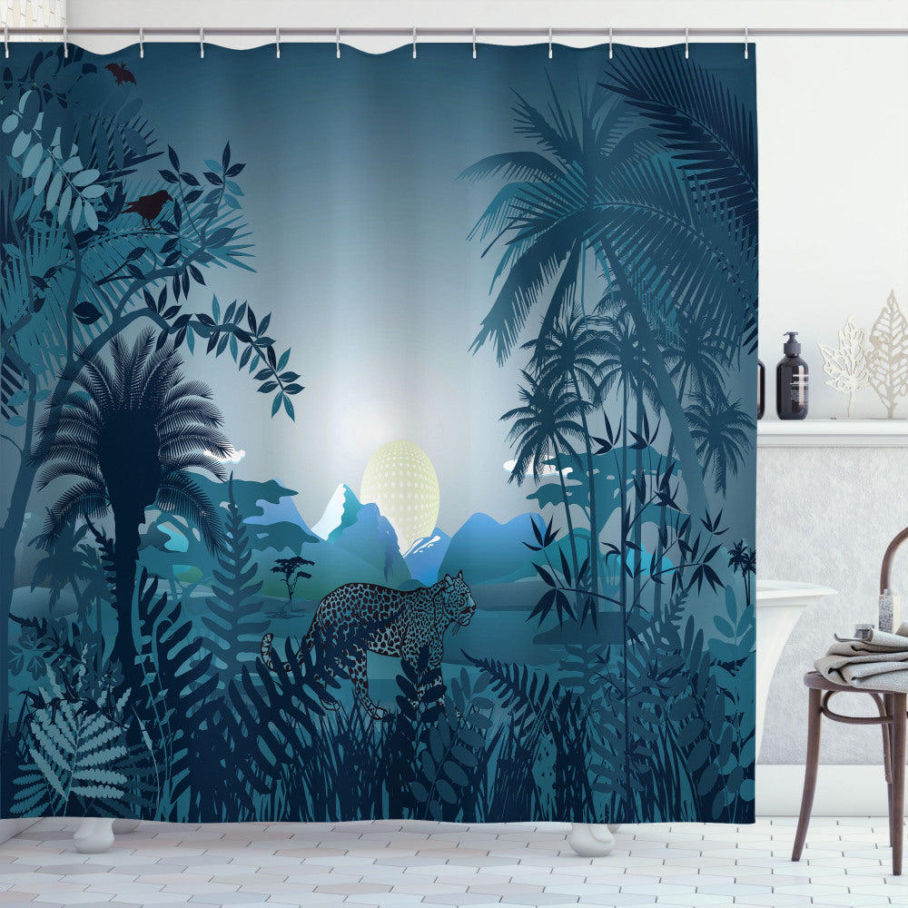 Teal Jungle Bath Curtain Featuring a Tiger in Misty Rainforest