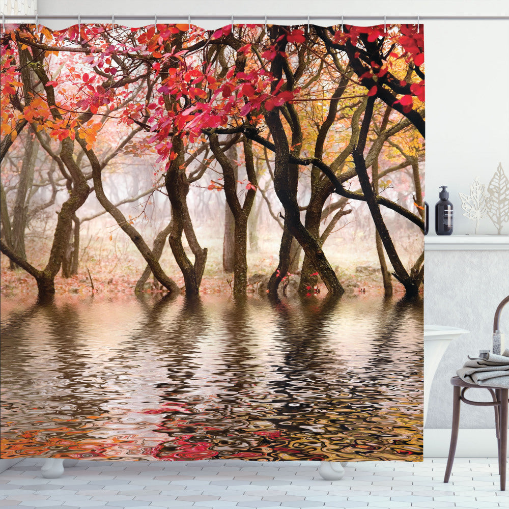 Autumn River Scene Shower Curtain in Brown and Magenta Tones