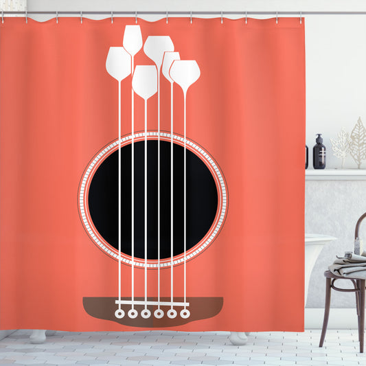 Bar-themed Acoustic Guitar Wine Glasses Shower Curtain in Salmon, White, Dark Grey, and Brown Palette