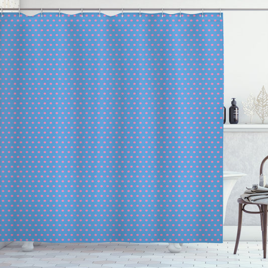 Chic Shower Curtain featuring Pink Polka Dots and Sky Blue Round Hip Motifs