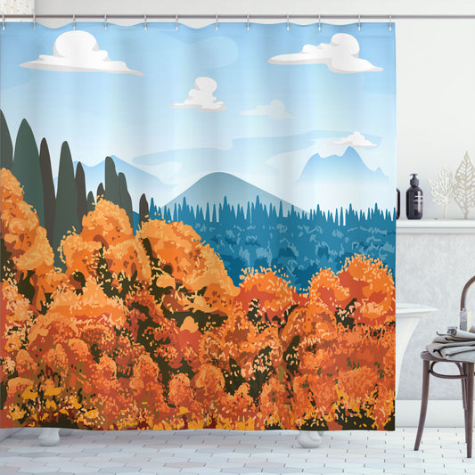 Autumn Forest Inspired Digital Design: Shower Curtain in Army Green, Pale Blue, and Orange