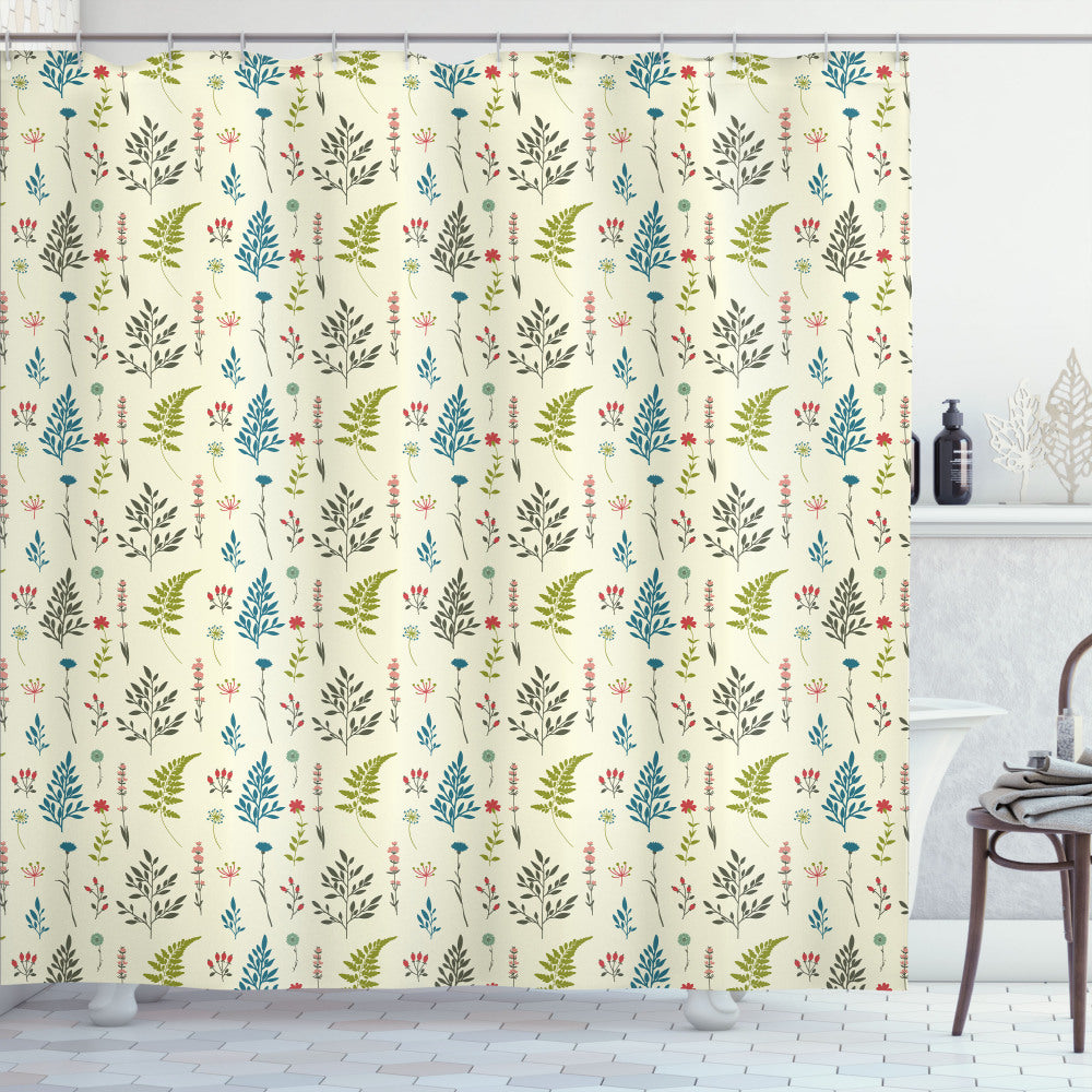 Botanical Cream Multicolor Rhythmic Fern Leaves Herbs Shower Curtain