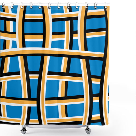 Abstract Stripes Shower Curtain in Azure Blue, Marigold, and Black