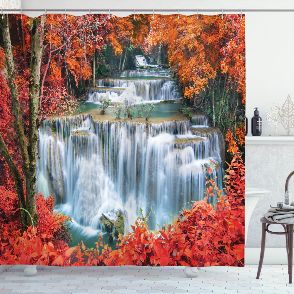 Botanic Fall Forest Waterfall Shower Curtain in Shades of Orange, White, and Red