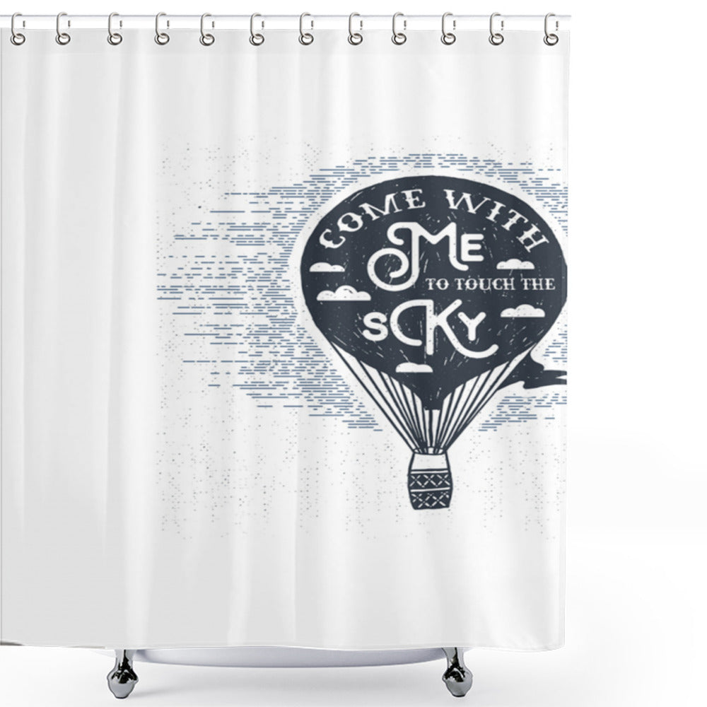 Vintage Love: Retro Hot Air Balloon Art Shower Curtain in Dark Blue and White