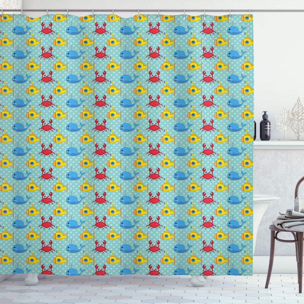 Whales and Crabs Themed Yellow Submarine Mustard Aqua Shower Curtain