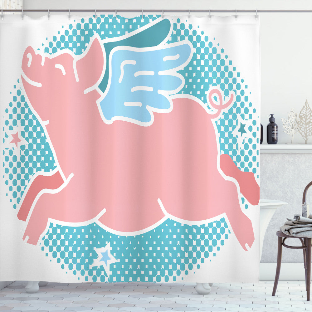 Blue and Pink Flying Pig Art: Pale Sky Blue, Pale Pink, and Sea Blue Shower Curtain