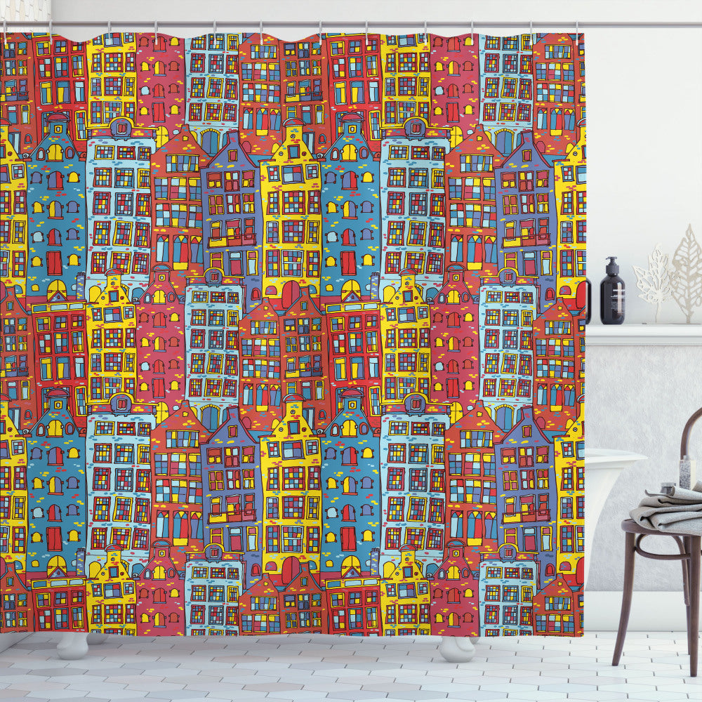 Cartoon Apartments: Multicolor Shower Curtains in Sketch Amsterdam