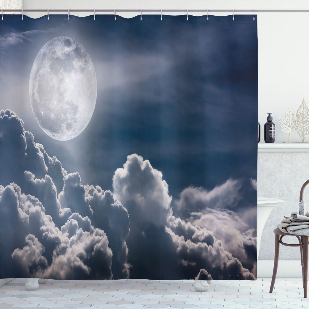 Celestial Photo Full Moon Night Sky Design on Dark Blue and White Shower Curtain