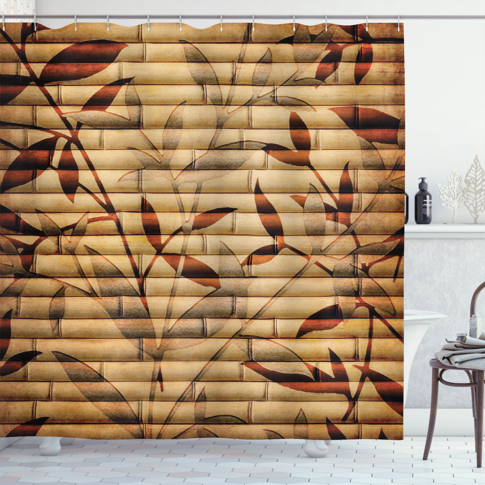 Bohemian Bamboo Leaves Shower Curtain in Beige, Pastel Brown, and Tan Tones