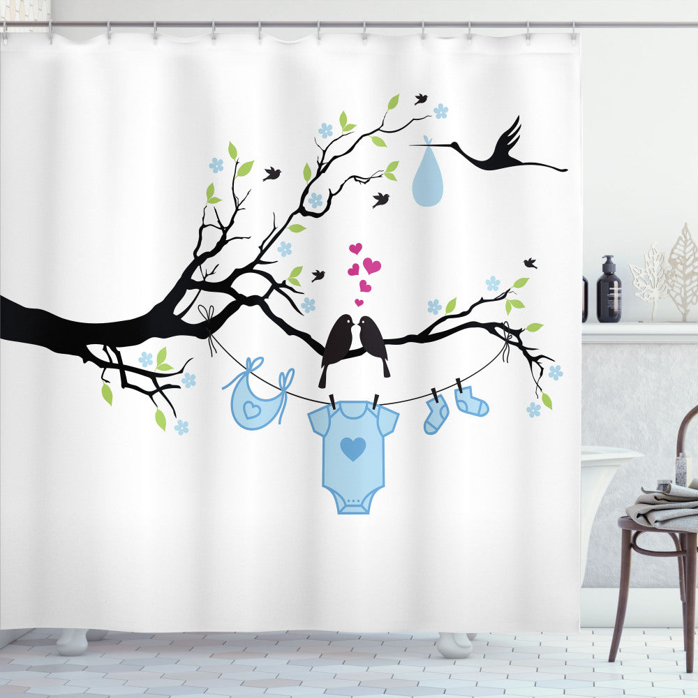 Birds Child Clothes: Gender Reveal Bath Curtain in Lime Green, Pale Blue, and Black