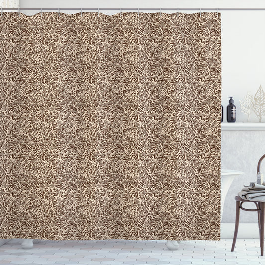 Vintage Curly Floral Vine Design in Earthy Tones of Beige and Brown for Shower Curtain