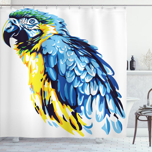 Animal-Inspired Exotic Parrot Painting Shower Curtain in Pale Blue, Navy Blue, and Yellow