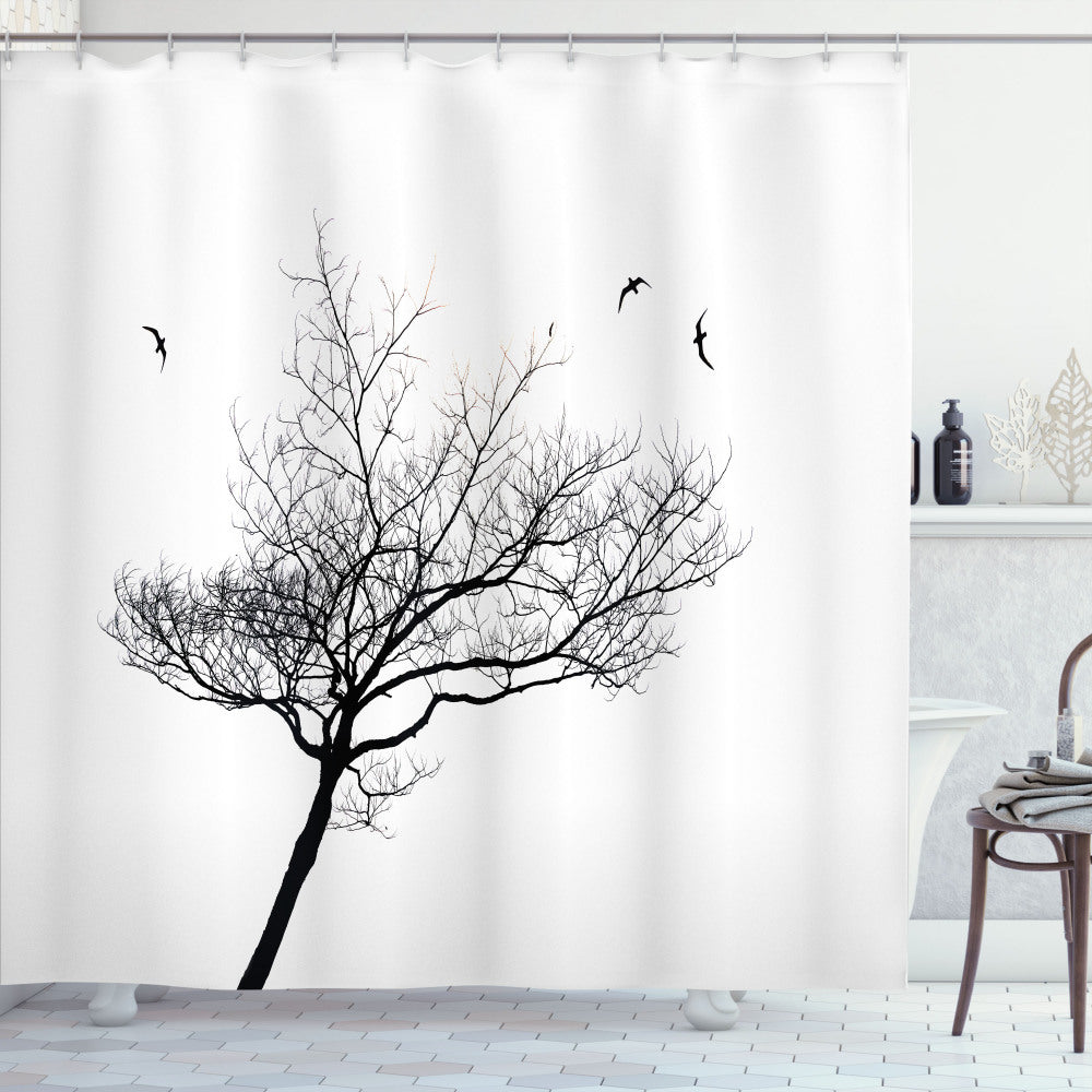 Black and White Tree Flying Birds Shower Curtain - White and Black Design Optimization