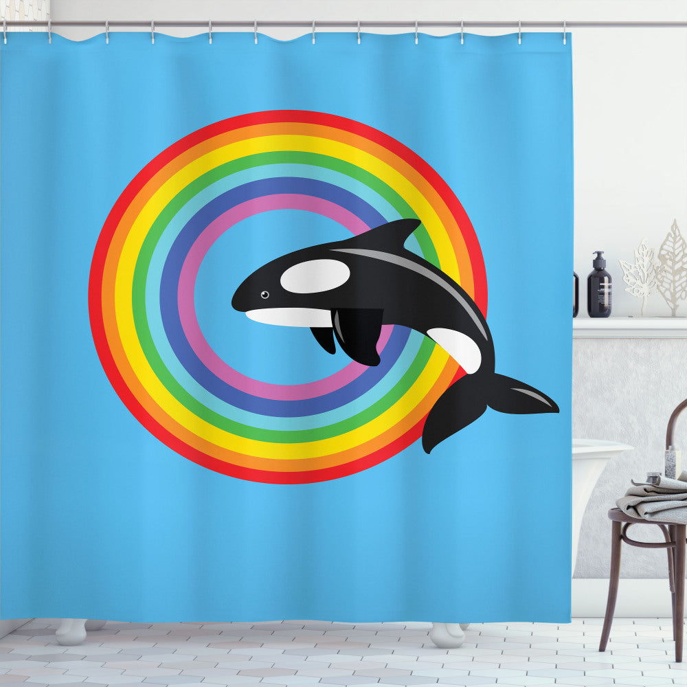 Whale and Multicolor Rainbow Round Shower Curtain