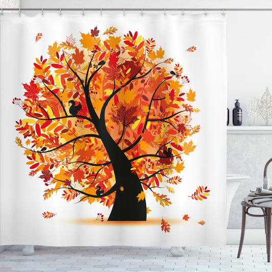 Vibrant Fall Cartoon Tree Leaves Bath Curtain in Autumn Colors of Orange, Yellow, and Black