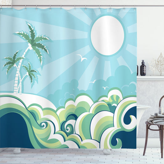 Wavy Sea Palm Trees Tropical Multicolor Shower Curtain