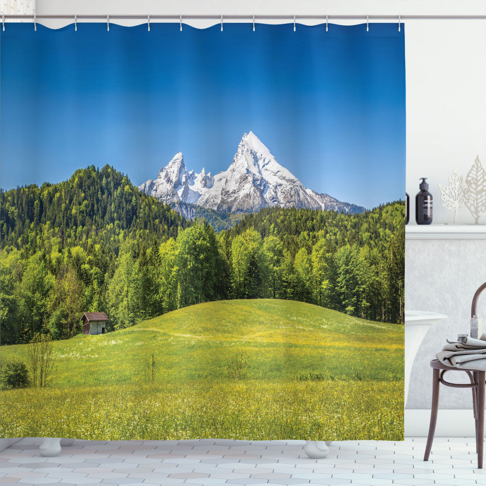 Bavarian Alps Village Inspired Shower Curtain in Germany, Forest Green, Fern Green, and Sky Blue