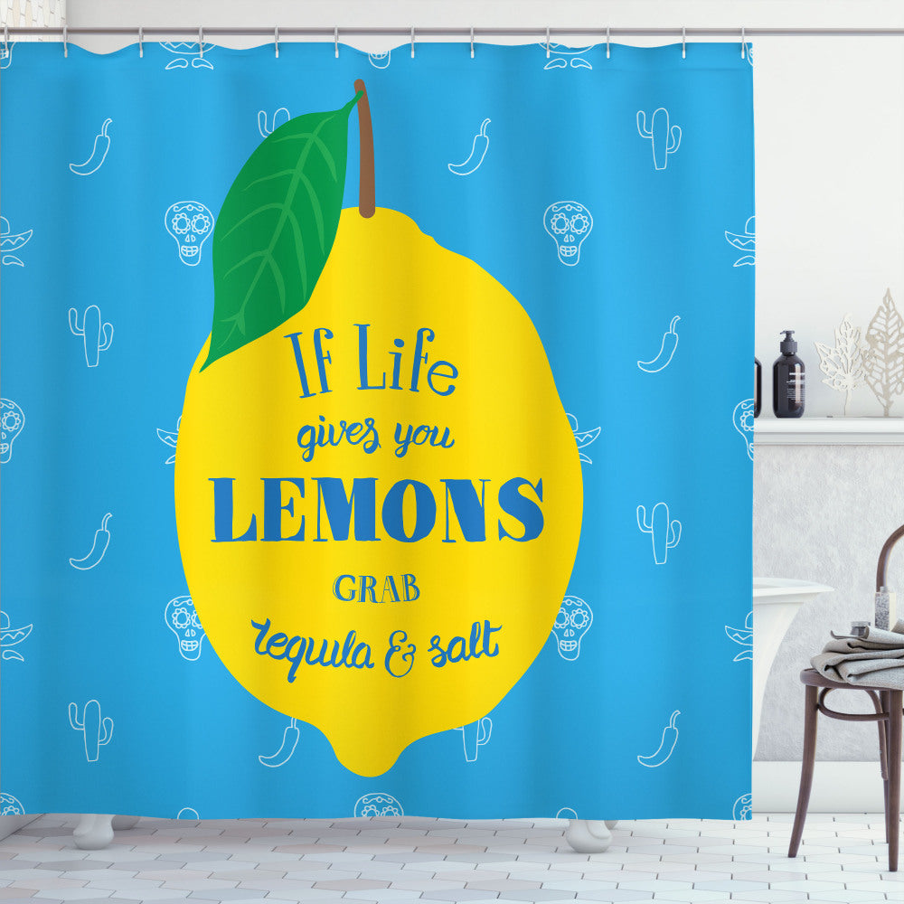 Tequila-Inspired Mexican Lemon Shower Curtain in Sky Blue, Mustard, Green, and Caramel Tones