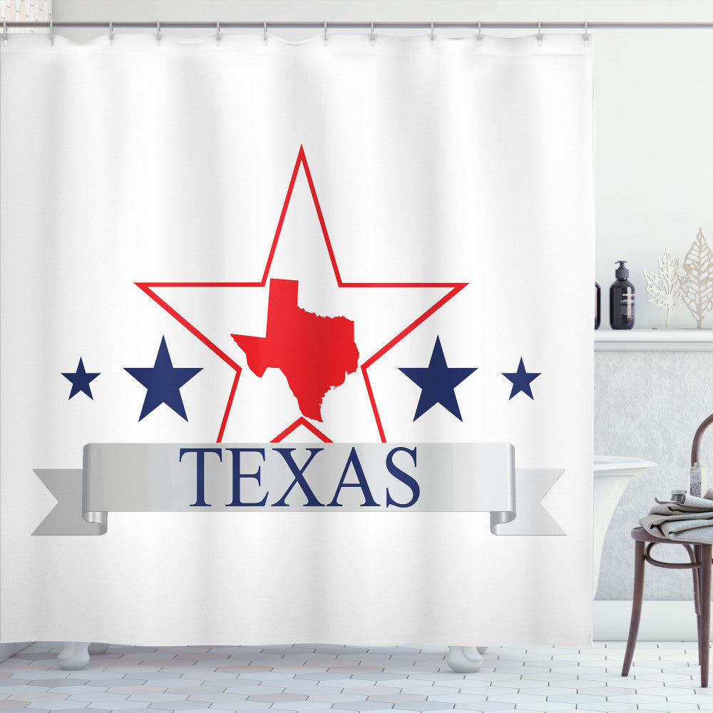 Texas Star Navy Blue on Vermilion and Pale Grey American Map Pattern Shower Curtain