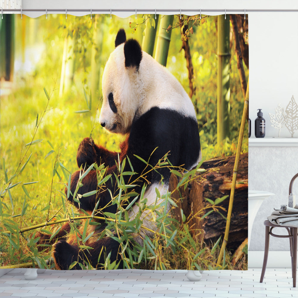 Black and Green Panda Sitting in the Forest Shower Curtain