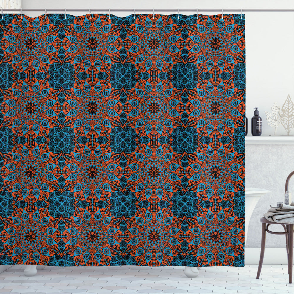 Vibrant Chinese Lace Mandala Design Shower Curtain in Vermilion, Black, and Blue