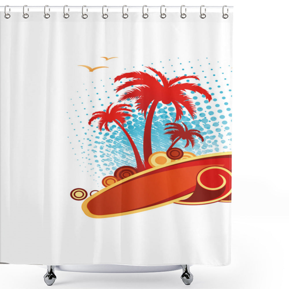 Vibrant Beach-themed Halftone Shower Curtain Featuring Vermilion, Pale Blue, and Yellow Tones