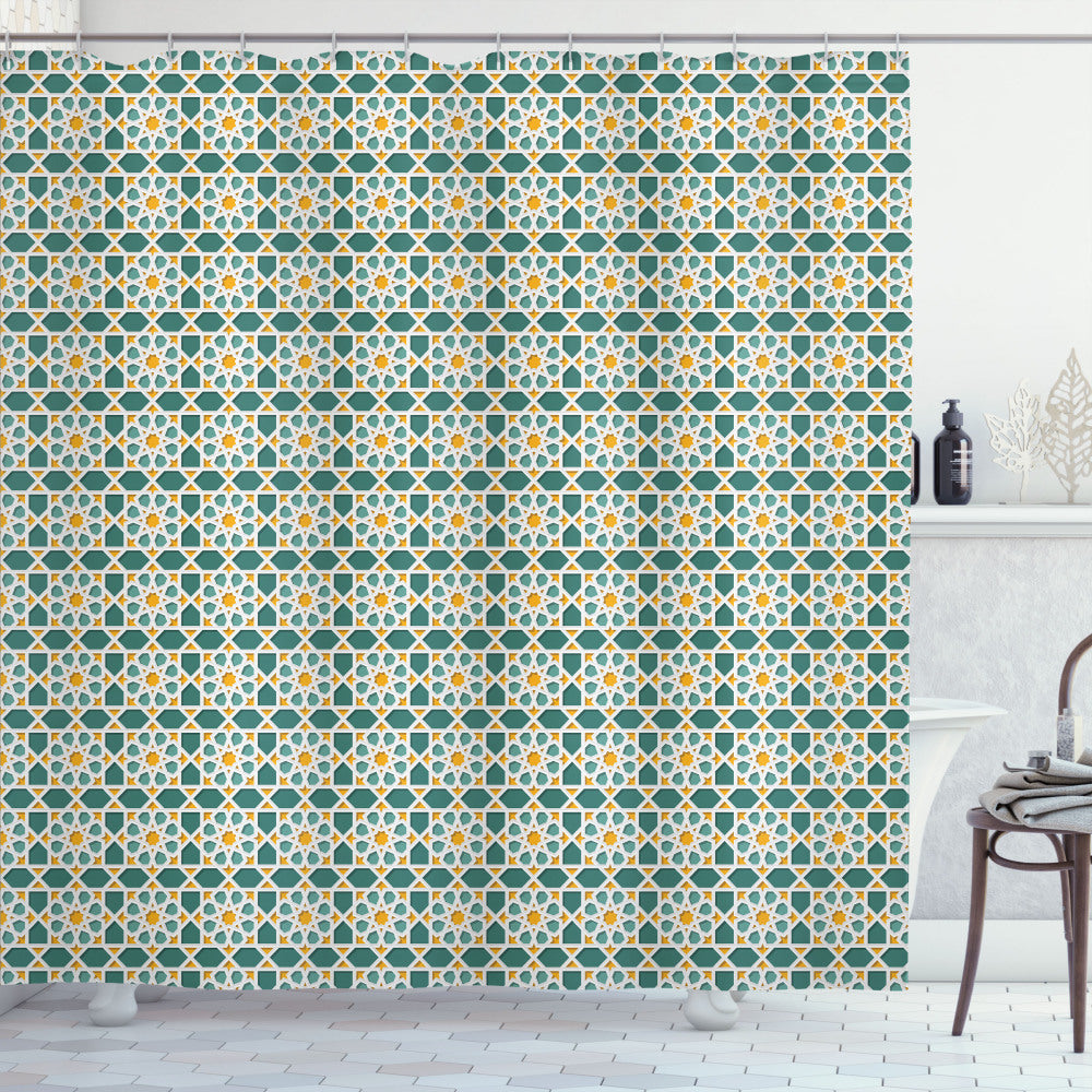 Teal and Marigold Moroccan Star Ornament Shower Curtain