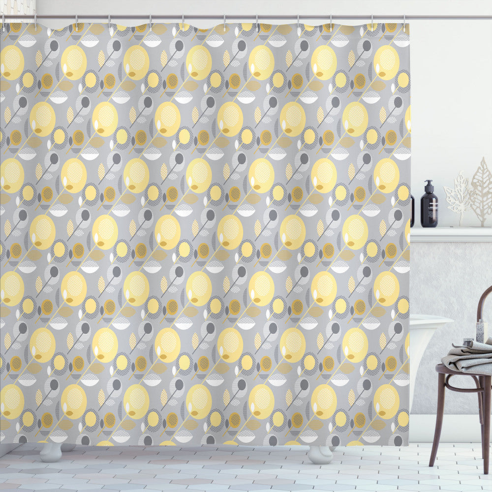 60's Inspired Yellow Flower and Pale Grey Pattern Shower Curtain