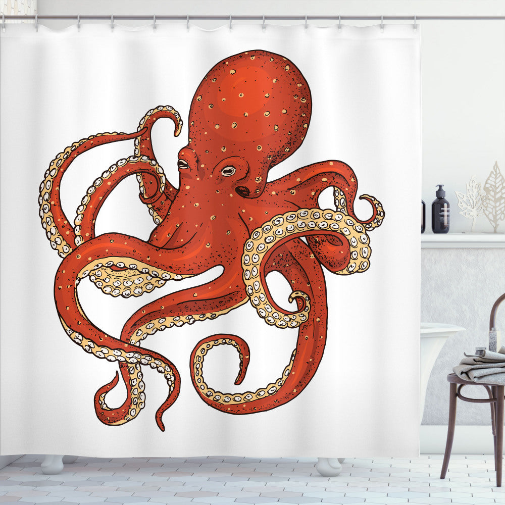 Vintage Nautical Octopus Drawing Tattoo Bath Curtain in Vermilion, Eggshell, and Pale Camel