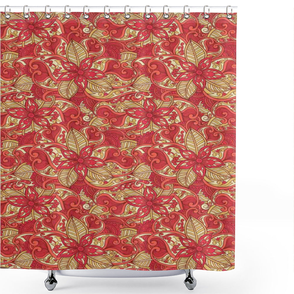 Vibrant Abstract Floral Shower Curtain in Dark Coral, Mustard, and Salmon Palette