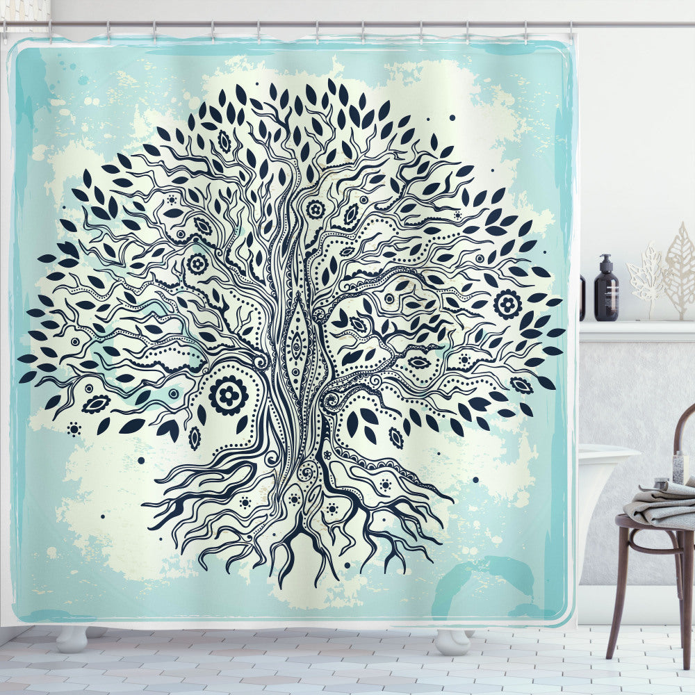 Asian-Inspired Chinese Bonsai Roots Bath Curtain in Indigo, Cream, Pale Blue, and Green