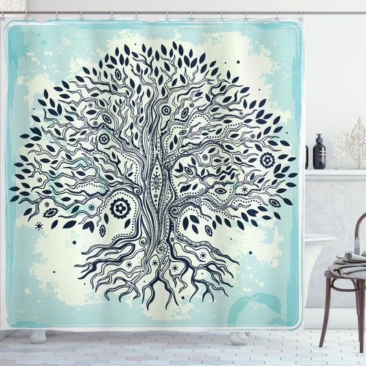 Asian-Inspired Chinese Bonsai Roots Bath Curtain in Indigo, Cream, Pale Blue, and Green