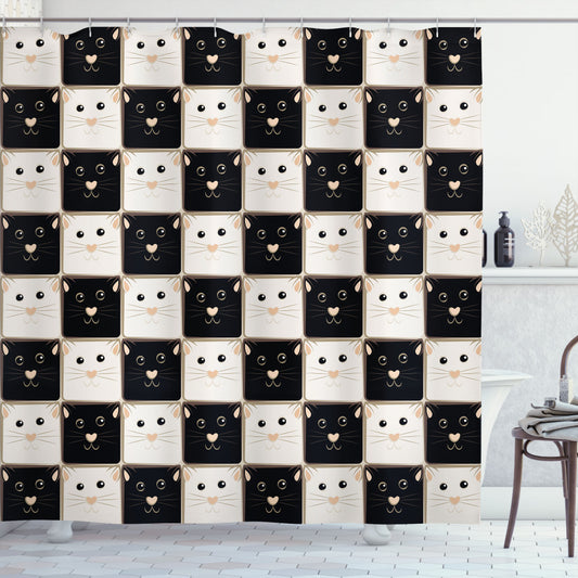 Checkers Game Bath Curtain featuring Squares with Cats in Dark Brown and Beige