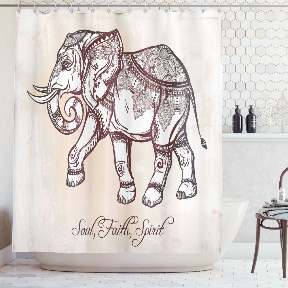 Boho Ethnic Elephant Shower Curtain in Cream and Grey