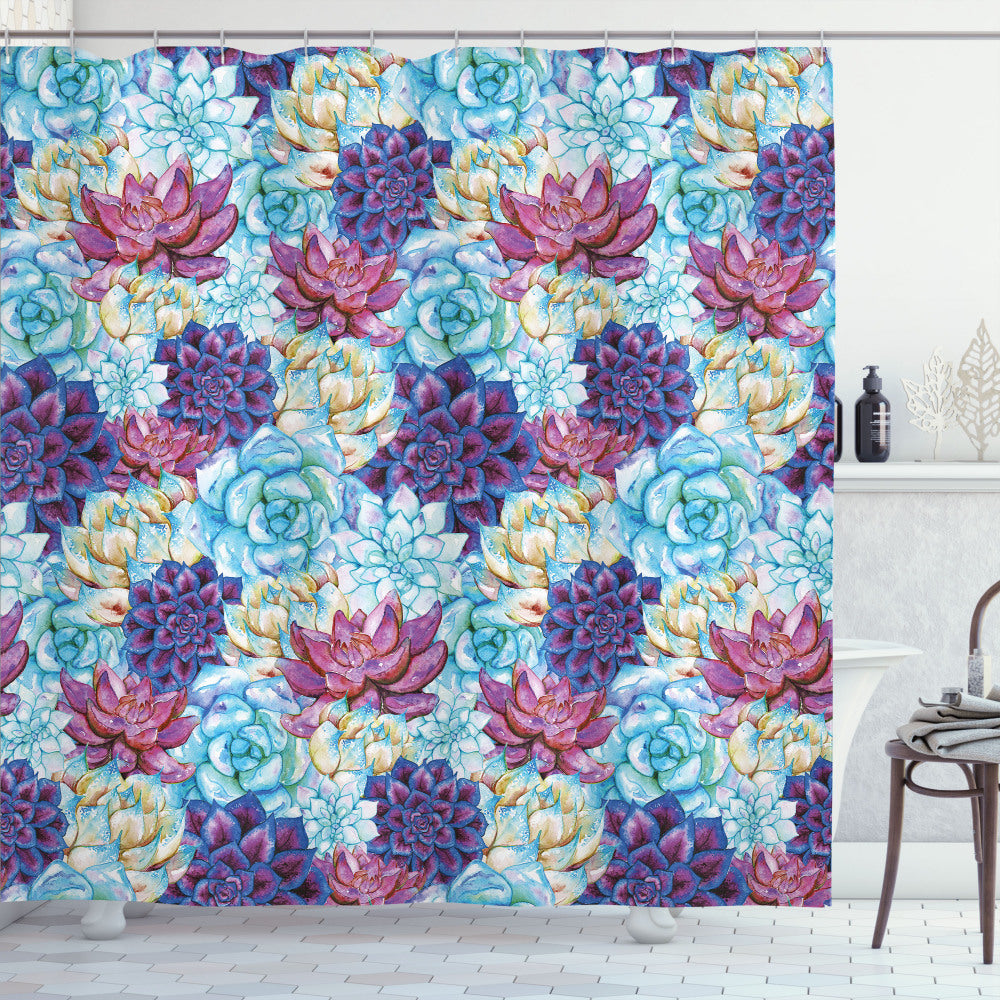 Bohemian Flowers Shower Curtain in Succulent, Sky Blue, Purple, and Cream Hues