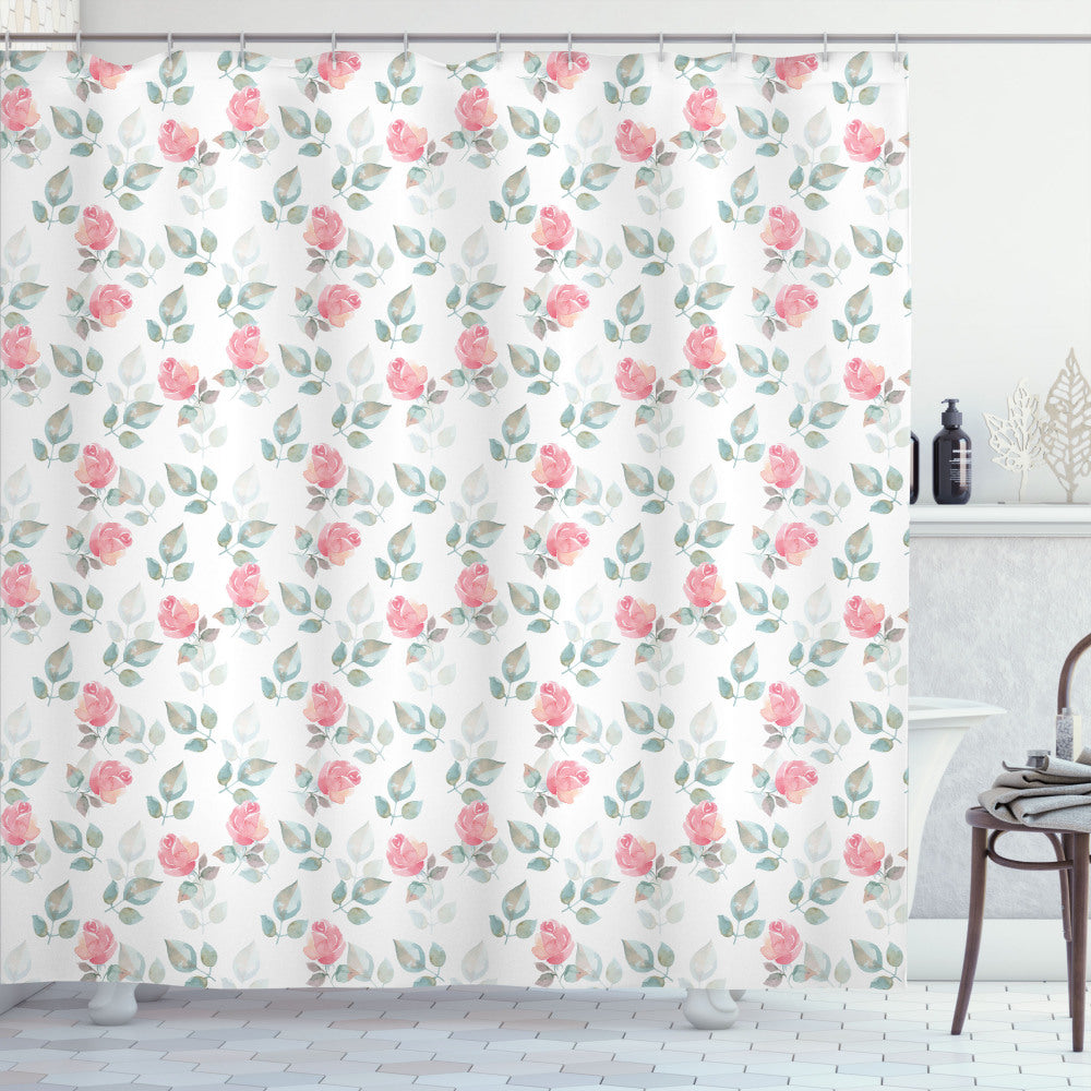 Blooming Rose Petals: A Floral Fusion of Turquoise and Pale Pink on Shower Curtain