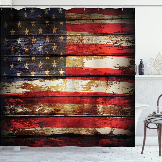 Vintage Wooden American Flag Multicolor Shower Curtain