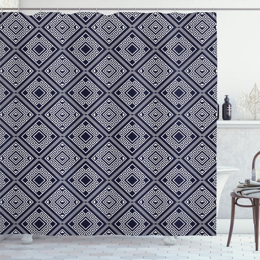 Abstract Dark Violet Blue and White Rhythmic Bicolored Motifs Shower Curtain