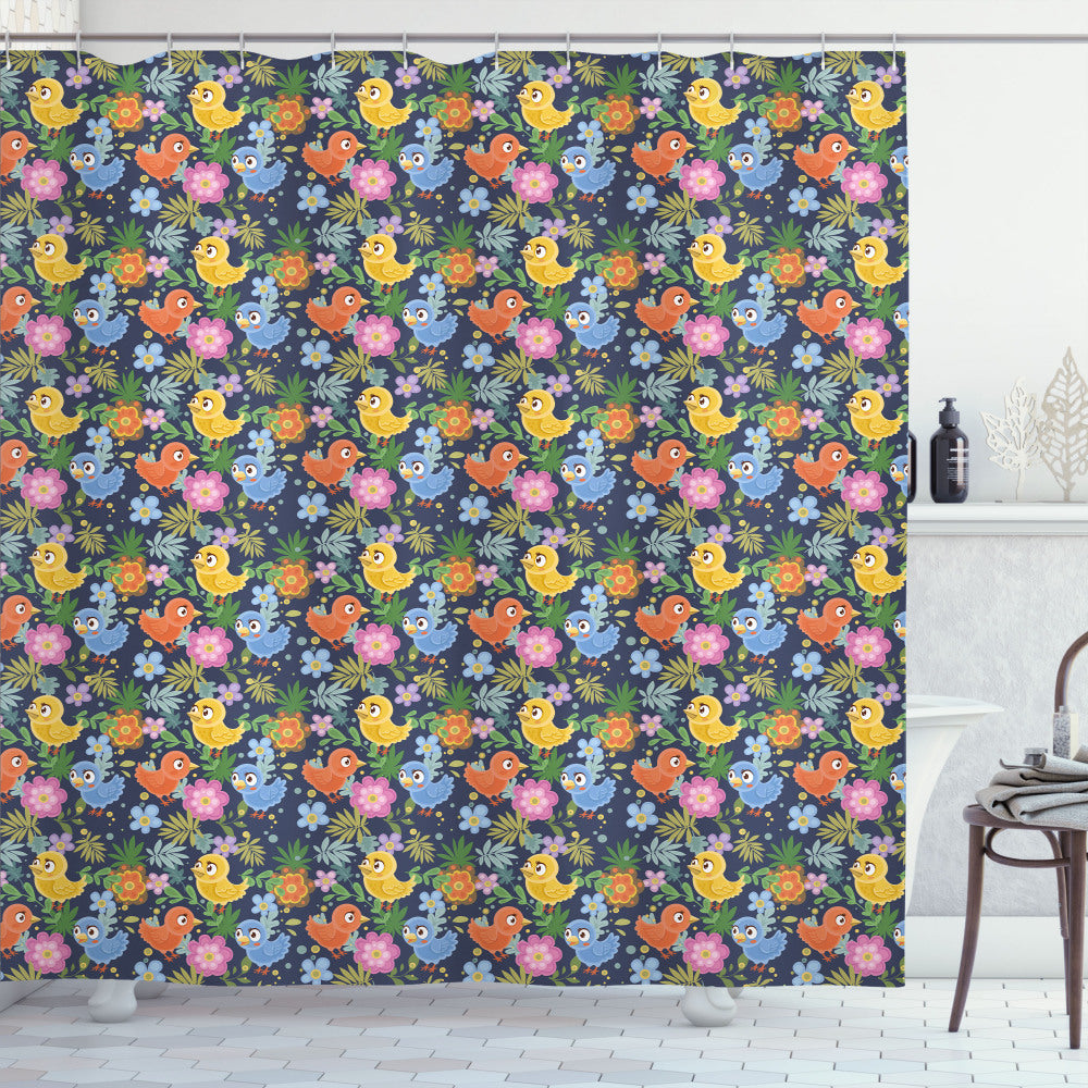 Avian Animal Spring Flowers Shower Curtain in Dark Indigo and Multicolor featuring Birds